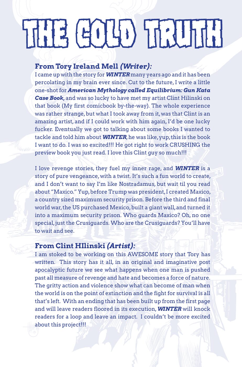 Winter comic book, afterword from Tory Mell and Clint Hilinski